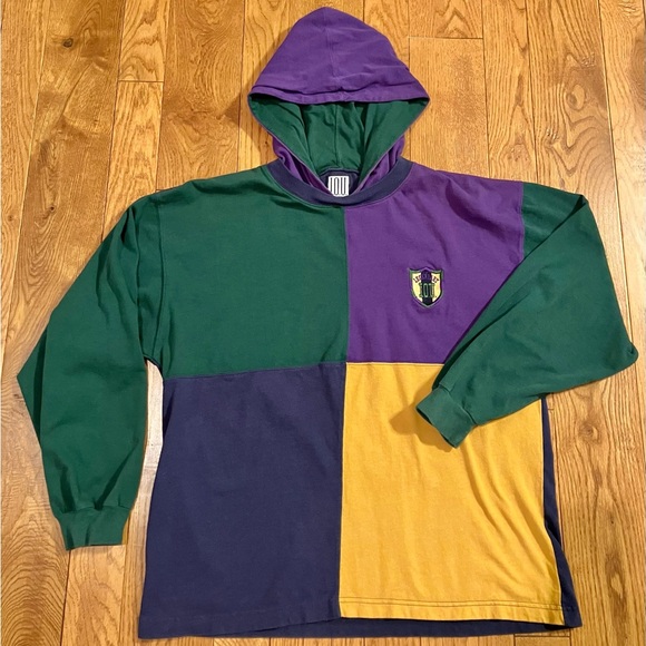 Vintage 90s Legendary IOU Hooded Long Sleeve Shirt L Gold Purple Green Hip Hop - Picture 1 of 12